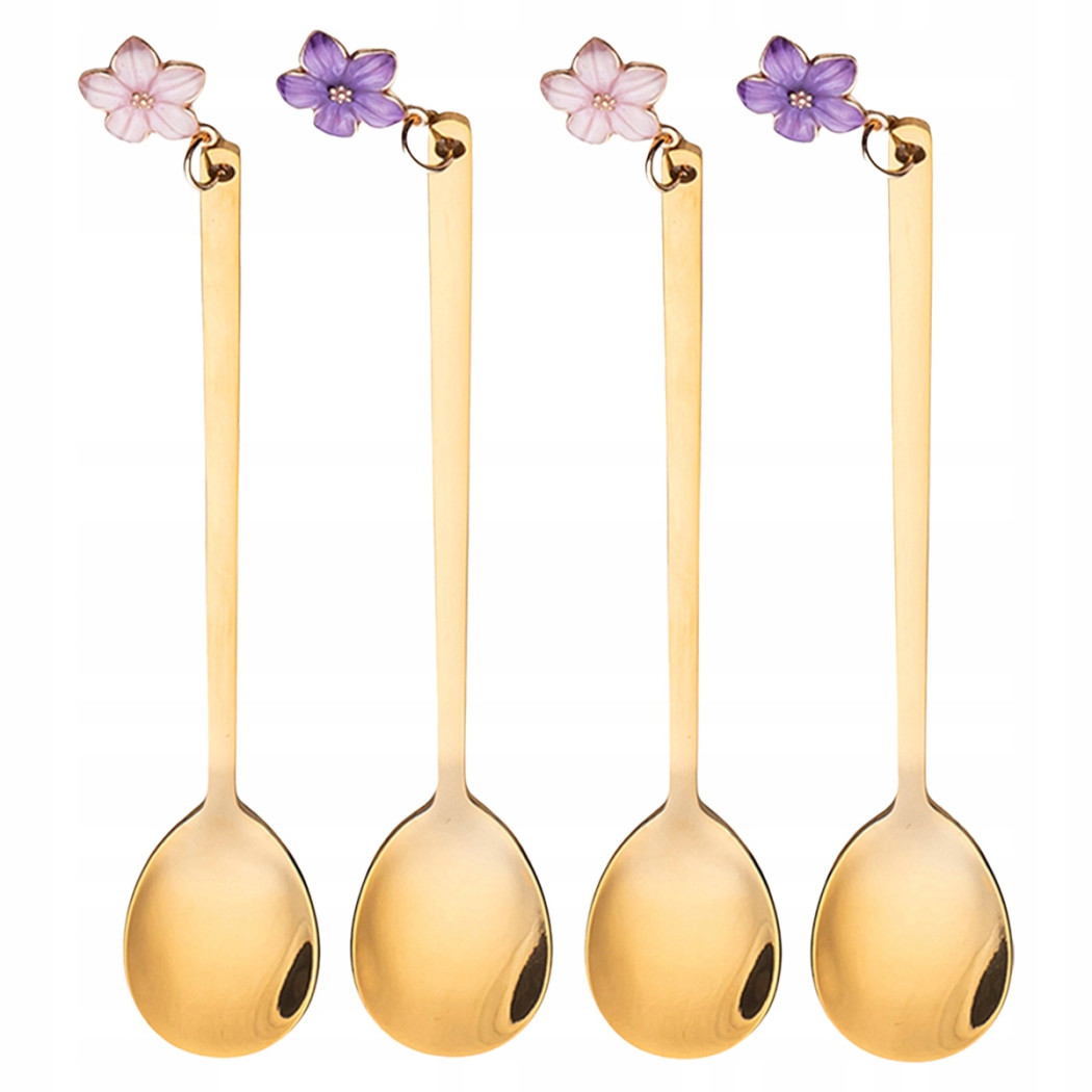 Złote Łyżeczki do Herbaty z Zawieszką - Zestaw Czterech - Kwiatek - Altom Design