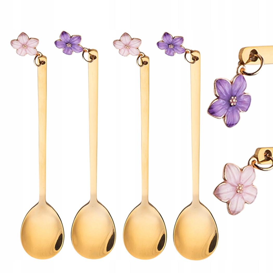Złote Łyżeczki do Herbaty z Zawieszką - Zestaw Czterech - Kwiatek - Altom Design