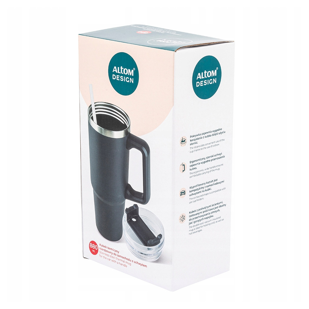Granatowy Kubek Nierdzewny - Termiczny do Samochodu z Uchwytem - 880 ml - Altom Design