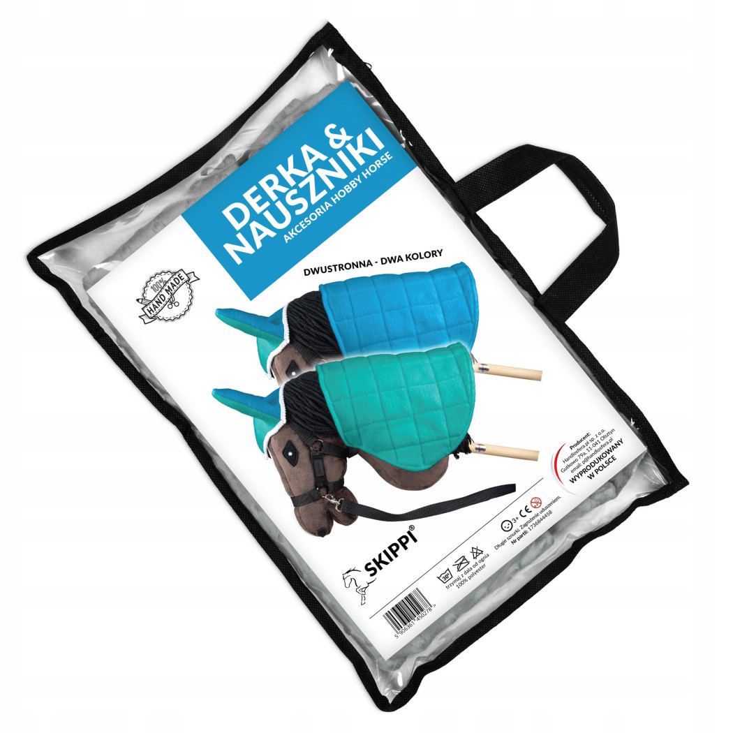 Mięta i Niebieski - Derka Dwustronna i Nauszniki dla Hobby Horse / Konika na Kiju na Patyku - Skippi