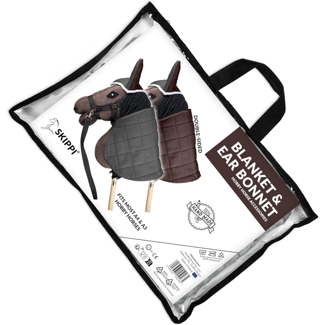 Szary i Brąz - Derka Dwustronna i Nauszniki dla Hobby Horse / Konika na Kiju na Patyku - Skippi