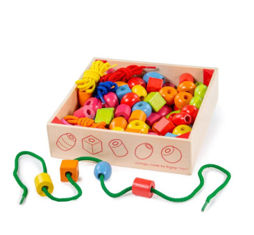 PROMOCJA Drewniane Korale do Nawlekania - Duże Koraliki - 90 szt - 2x2 cm - BigJigs Toys