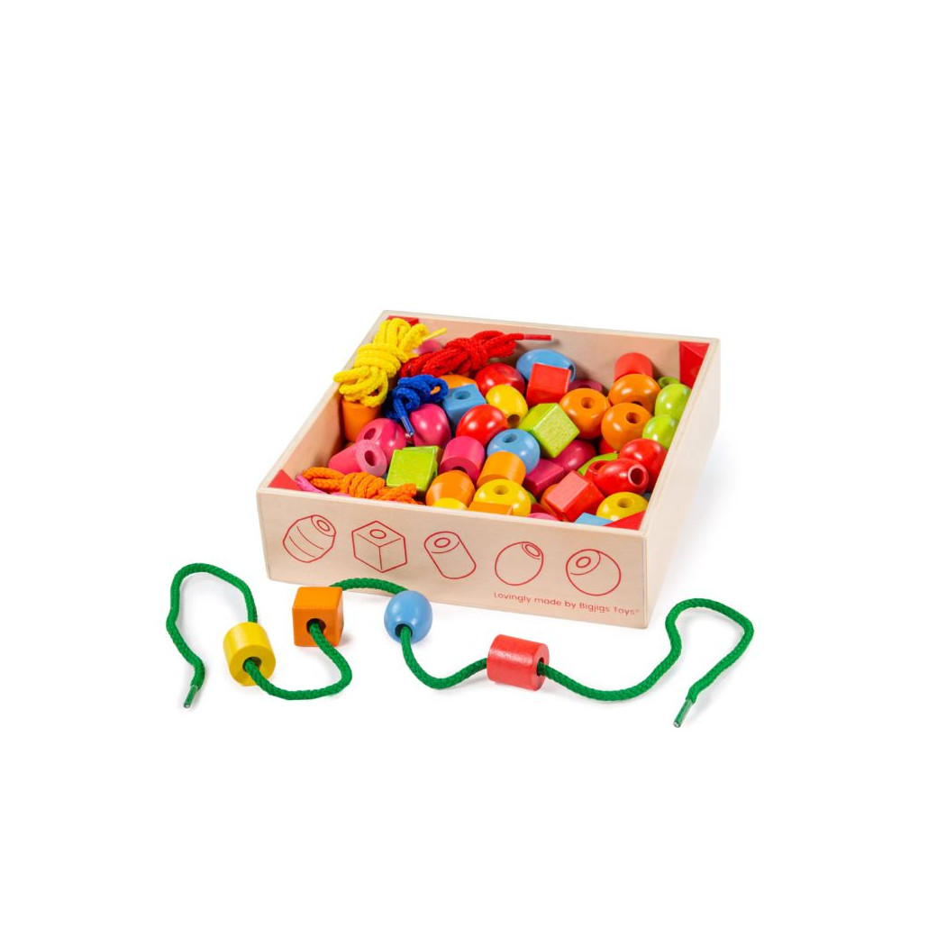 PROMOCJA Drewniane Korale do Nawlekania - Duże Koraliki - 90 szt - 2x2 cm - BigJigs Toys