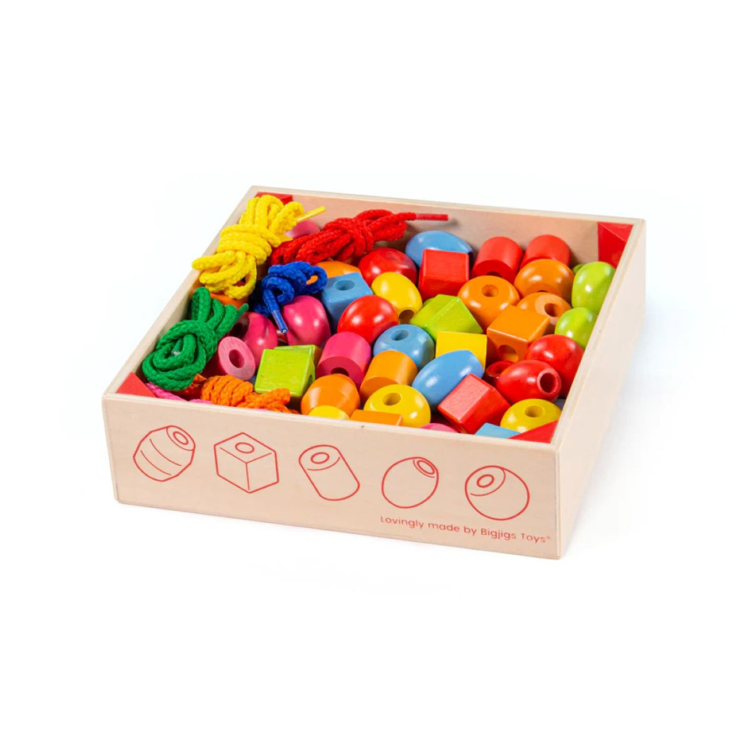 PROMOCJA Drewniane Korale do Nawlekania - Duże Koraliki - 90 szt - 2x2 cm - BigJigs Toys