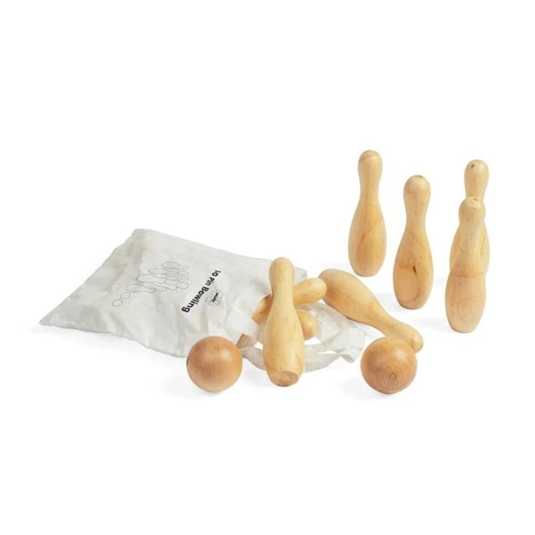 Kręgle Drewniane - Zestaw do Gry w Kręgle - 10 Pinów i 2 Kule - BigJigs Toys