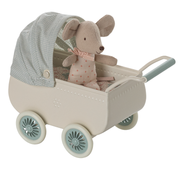 Miętowy Głęboki Wózek z Myszką Dzidziusiem - Akcesoria dla Myszek - Maileg