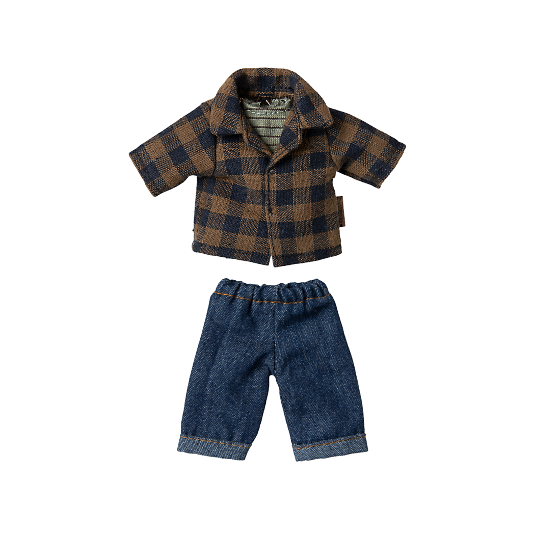 Brązowa Koszula w Kratę i Spodnie - Ubranko Dla Myszki Taty - Maileg