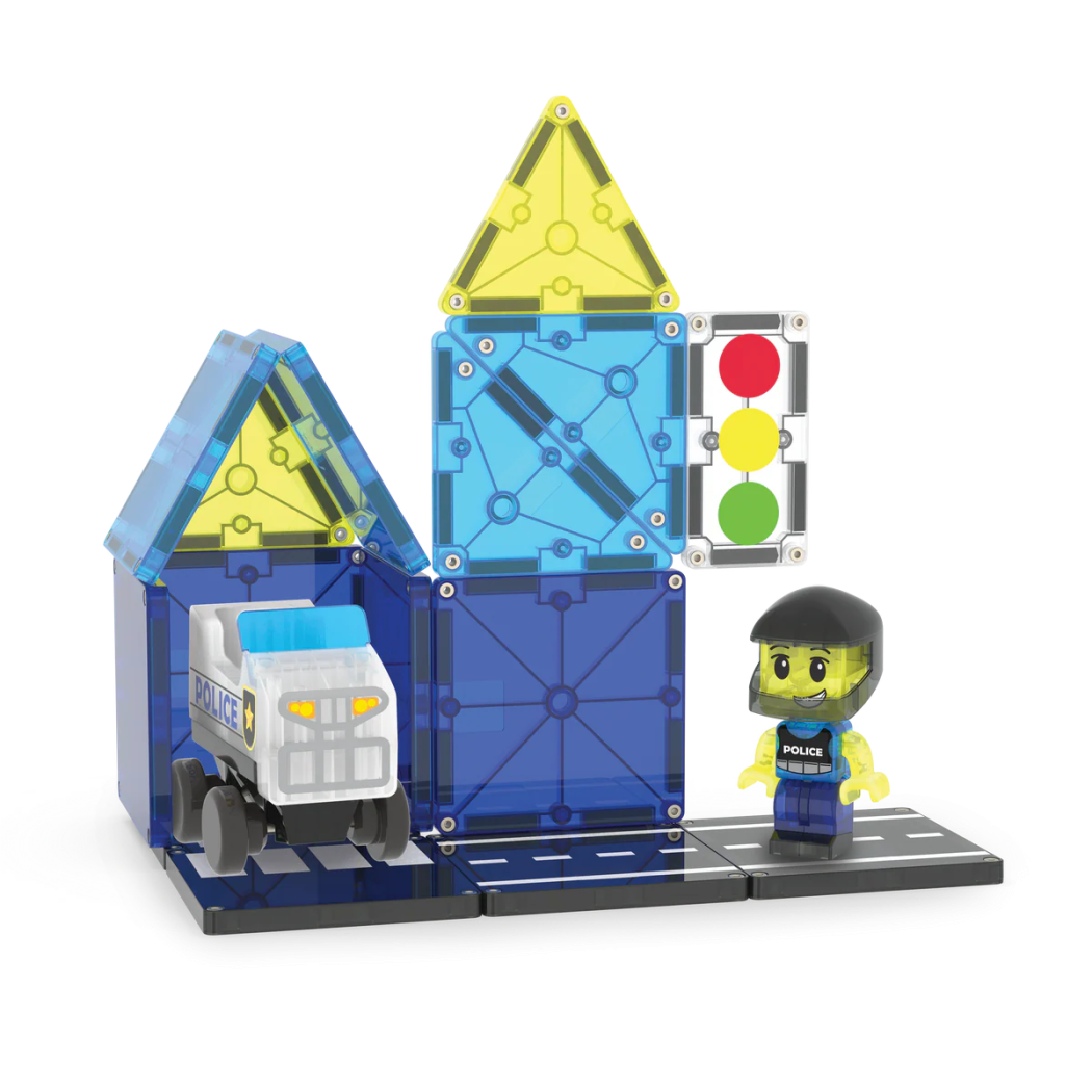 Policja - Police Patrol - Klocki Magnetyczne 20 elementów z Pojazdem i Figurką - Magna-Tiles