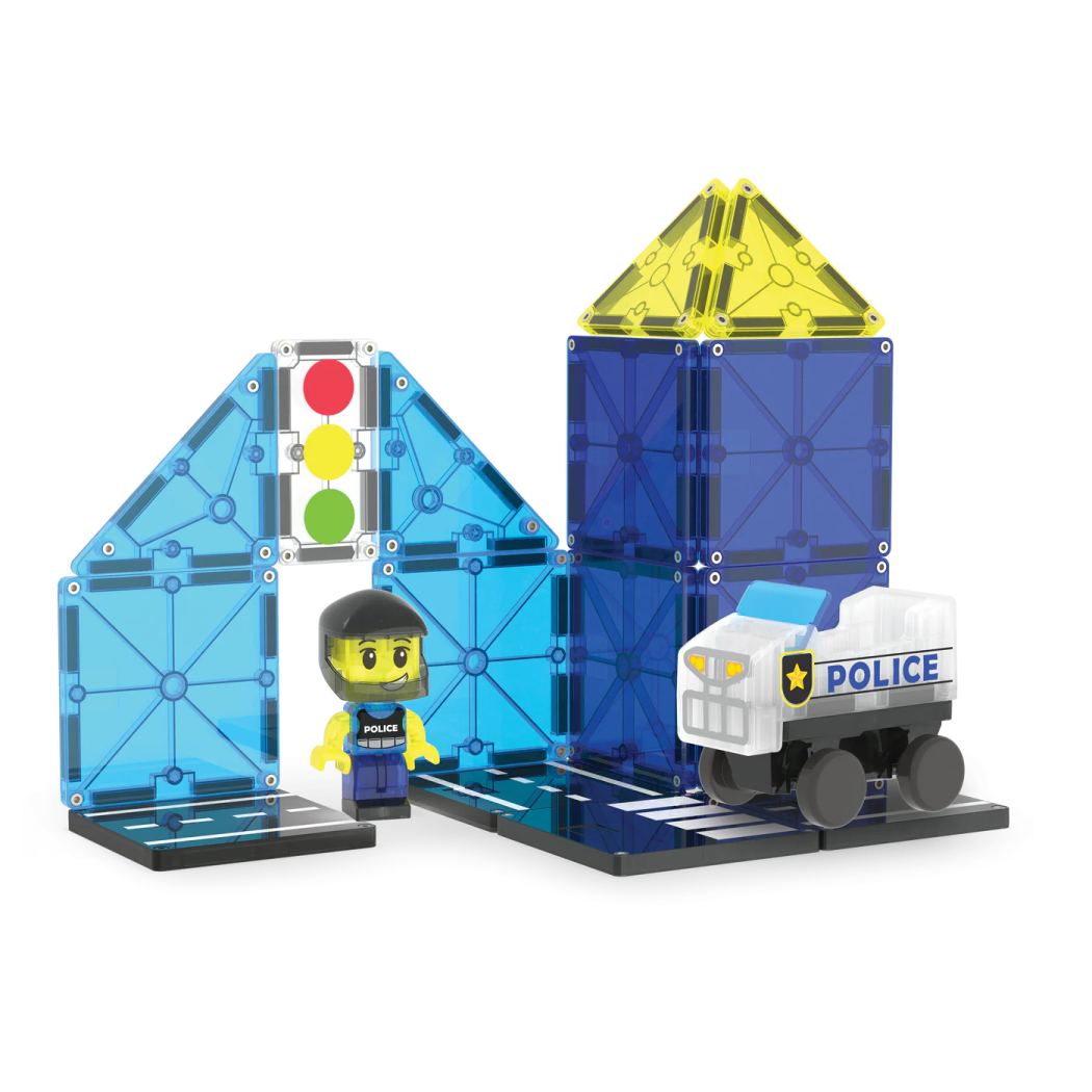 Policja - Police Patrol - Klocki Magnetyczne 20 elementów z Pojazdem i Figurką - Magna-Tiles
