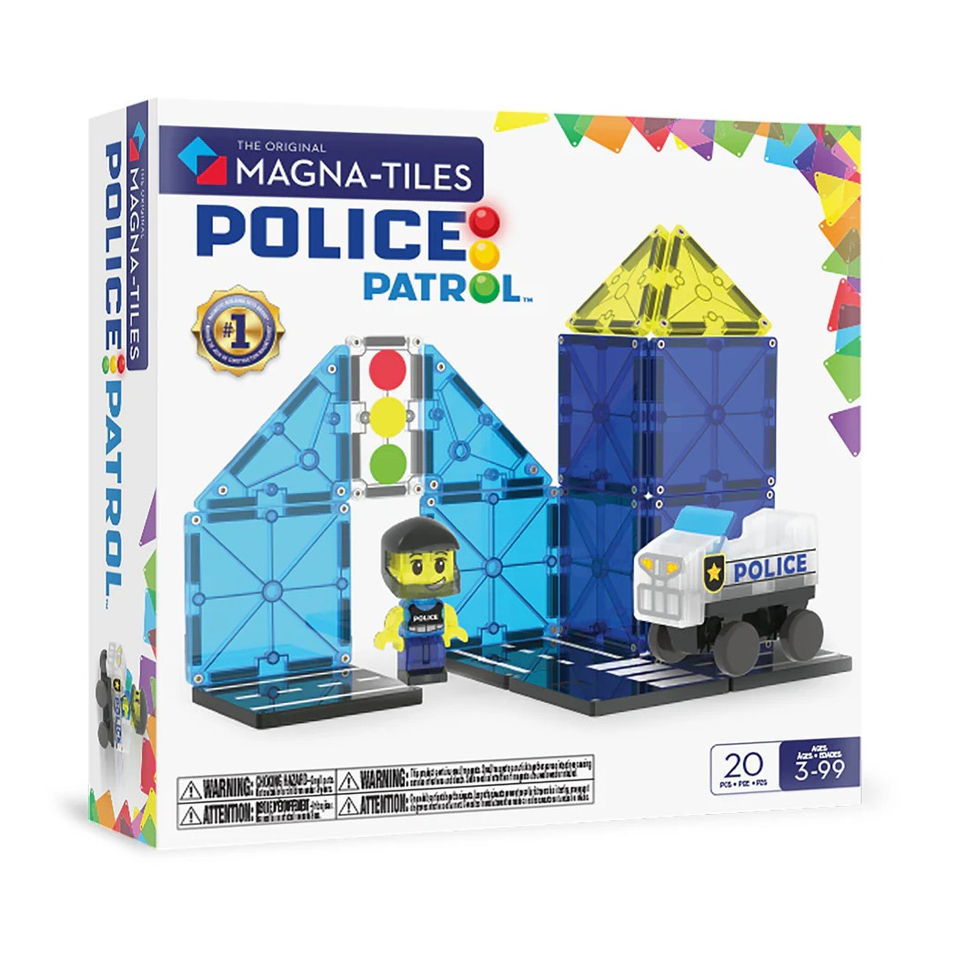 Policja - Police Patrol - Klocki Magnetyczne 20 elementów z Pojazdem i Figurką - Magna-Tiles