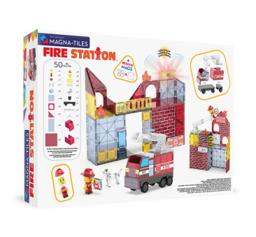 Remiza - Straż Pożarna - Fire Station - Klocki Magnetyczne 50 elementów z Pojazdem z Drabiną i Figurkami - Magna-Tiles