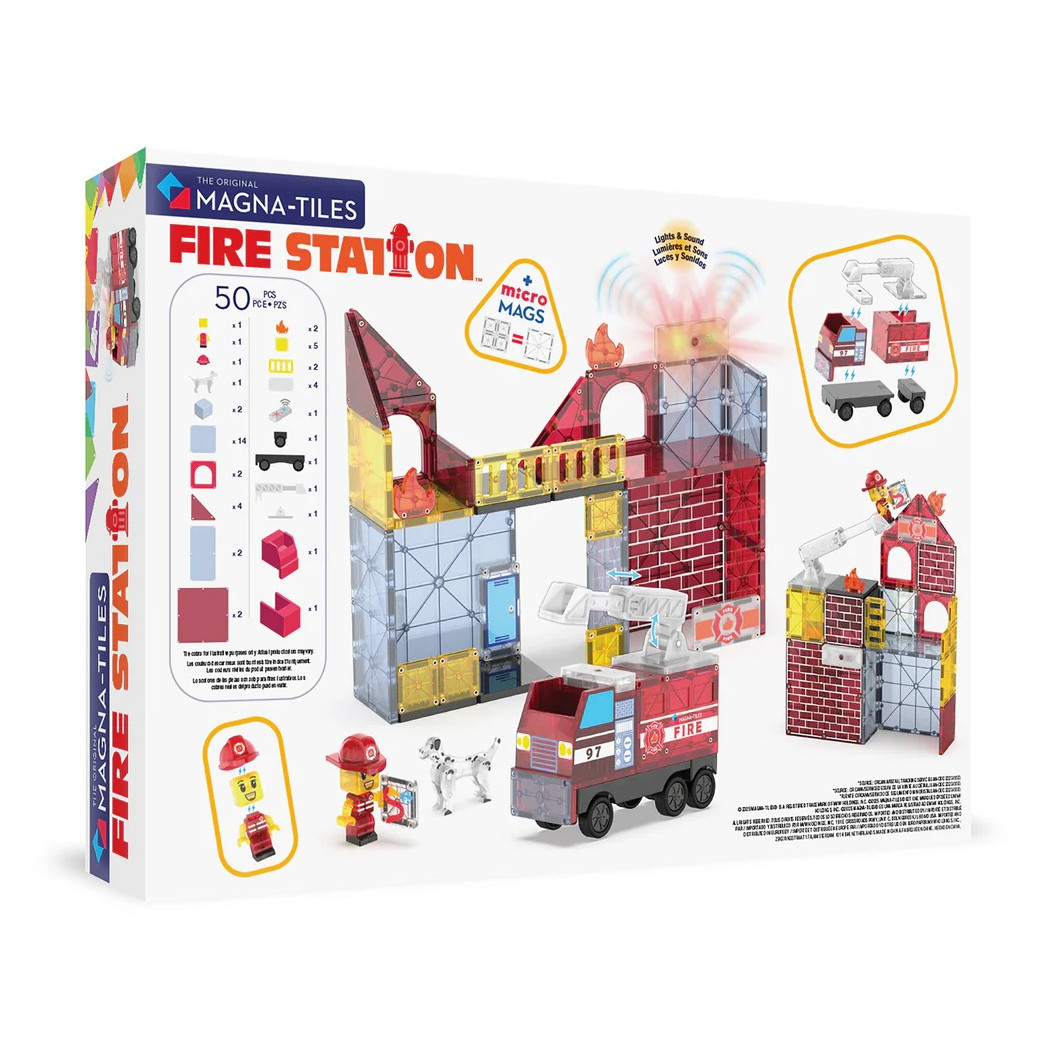 Remiza - Straż Pożarna - Fire Station - Klocki Magnetyczne 50 elementów z Pojazdem z Drabiną i Figurkami - Magna-Tiles
