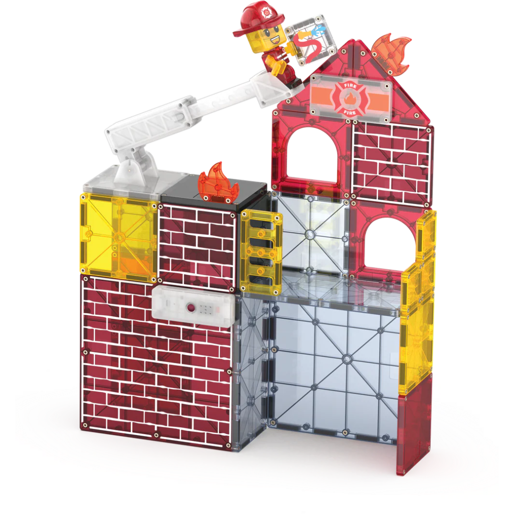 Remiza - Straż Pożarna - Fire Station - Klocki Magnetyczne 50 elementów z Pojazdem z Drabiną i Figurkami - Magna-Tiles