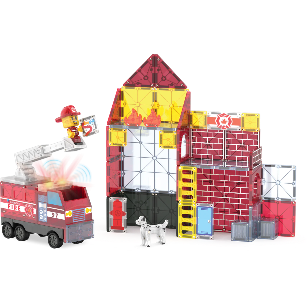 Remiza - Straż Pożarna - Fire Station - Klocki Magnetyczne 50 elementów z Pojazdem z Drabiną i Figurkami - Magna-Tiles