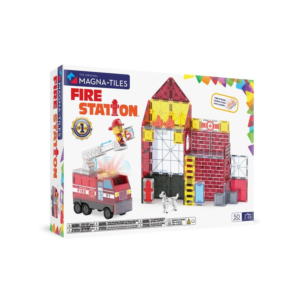 Remiza - Straż Pożarna - Fire Station - Klocki Magnetyczne 50 elementów z Pojazdem z Drabiną i Figurkami - Magna-Tiles