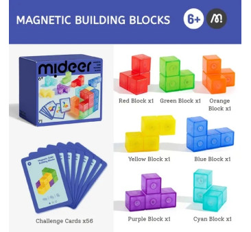 Konstrukcyjna Kostka Magnetyczna - 7 magnetycznych klocków + 56 kart z wyzwaniami - Mideer