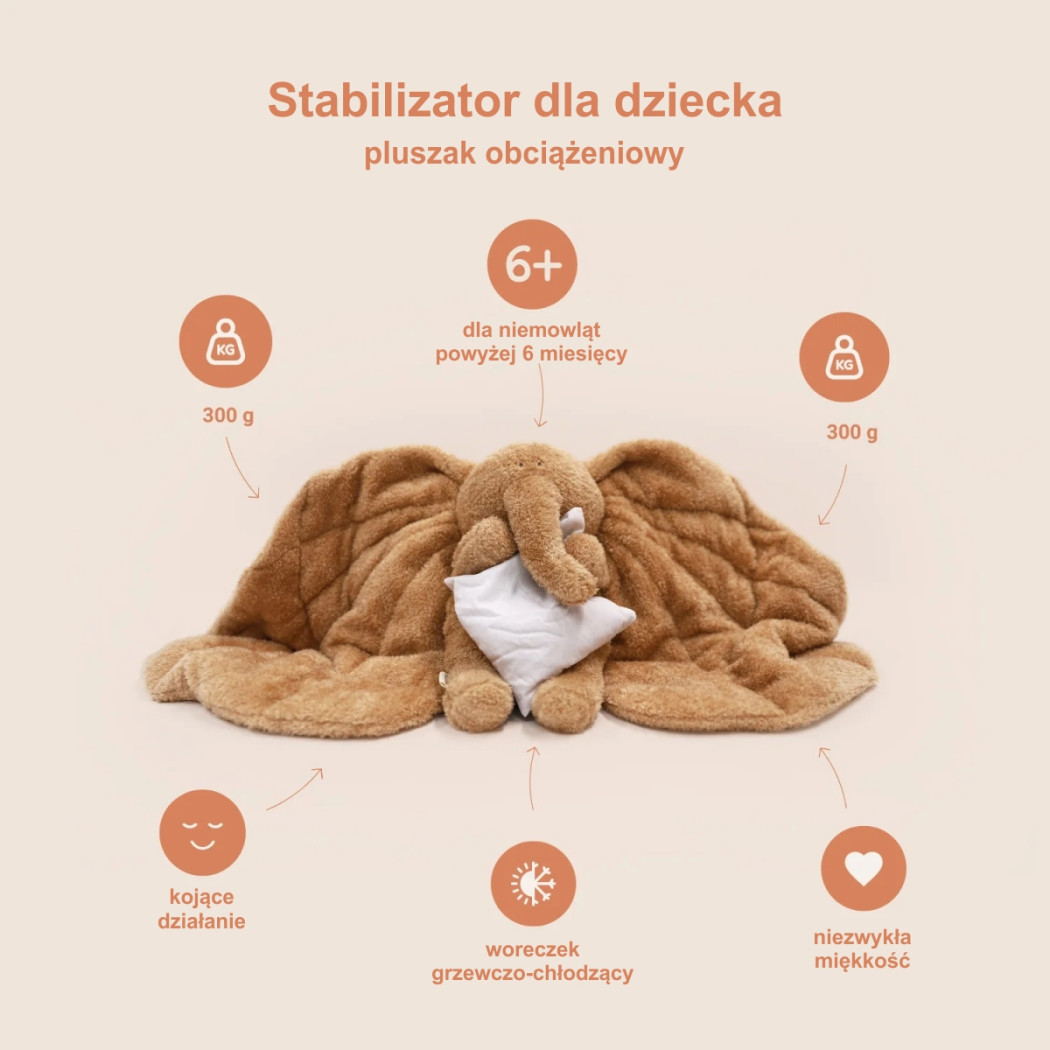 Brązowy Słoń - Pluszak Obciążeniowy 800g - Sensoryczny Stabilizator dla Dziecka - Membantu