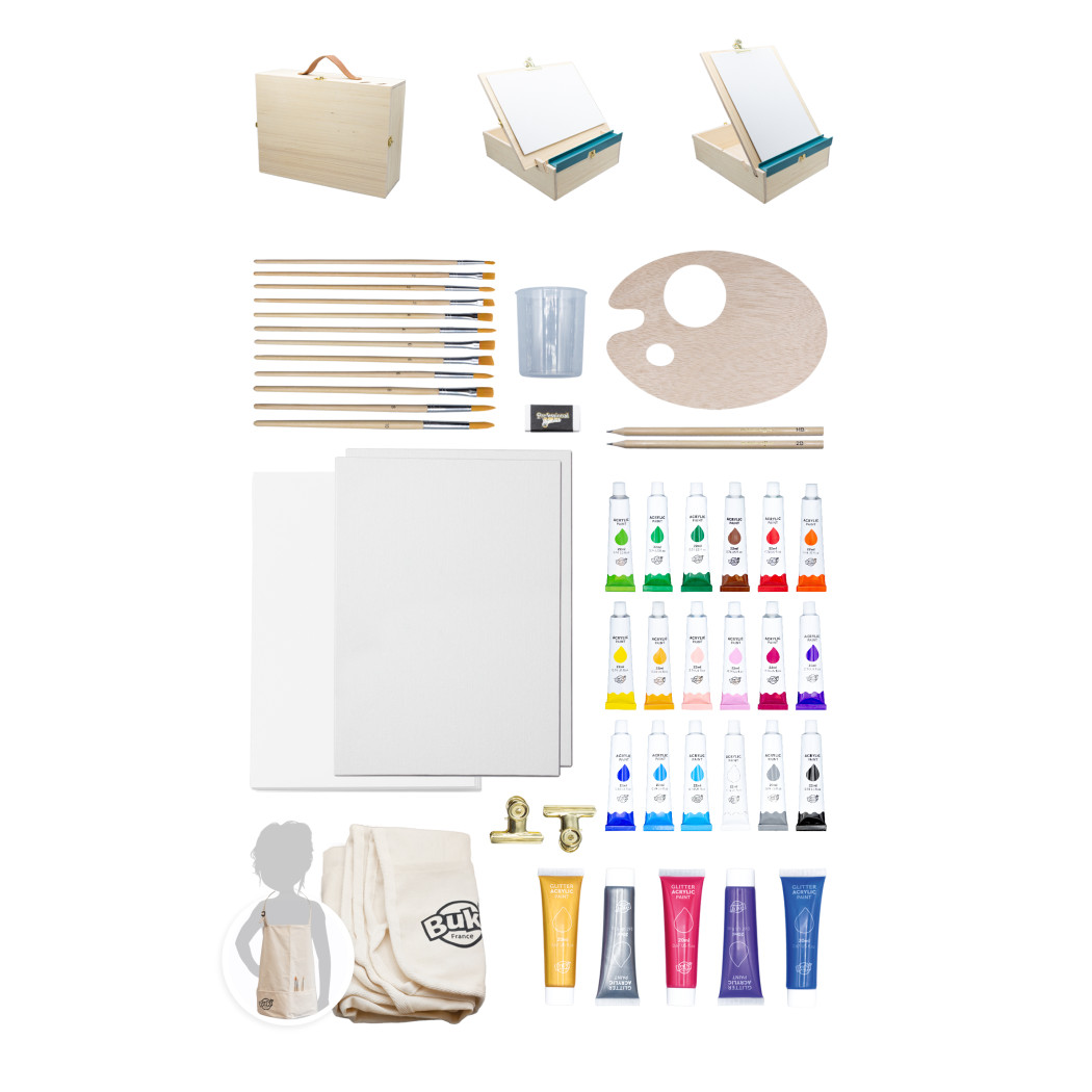 Drewniana Walizka Artysty z Akcesoriami - Pędzle Farby Sztaluga - BUKI