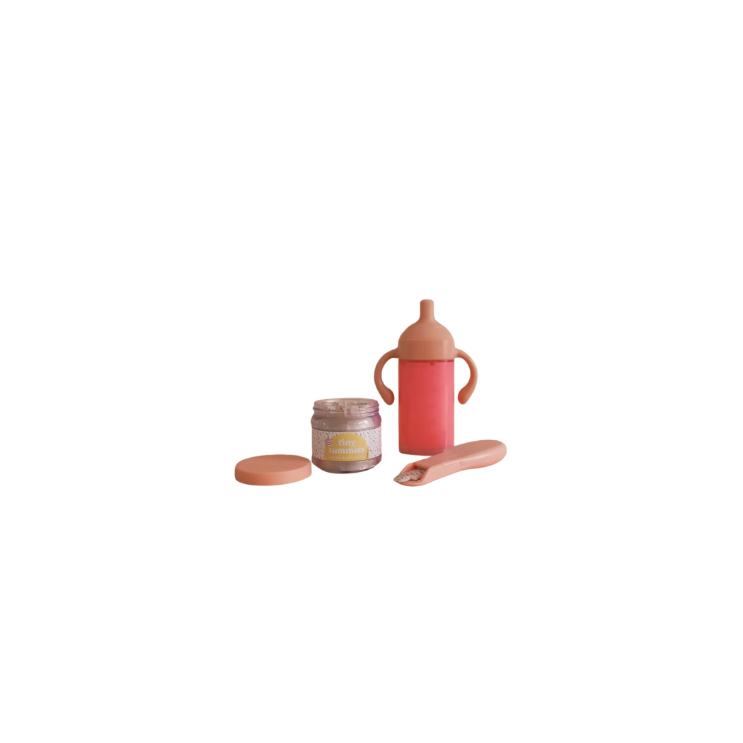 Magiczna Butelka z Mlekiem Truskawkowym i Słoiczek z Deserkiem - Zestaw Urodzinowy Do Pielęgnacji Lalek - Tiny Harlow