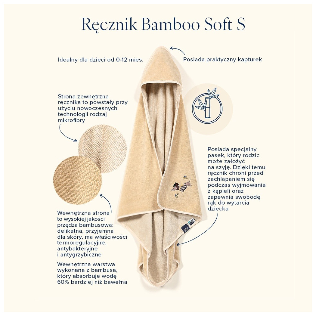 Ręcznik Kąpielowy z Kapturkiem roz. S - 85x85 cm - Baby Bear Sand - Niemowlęcy Bamboo - La Millou