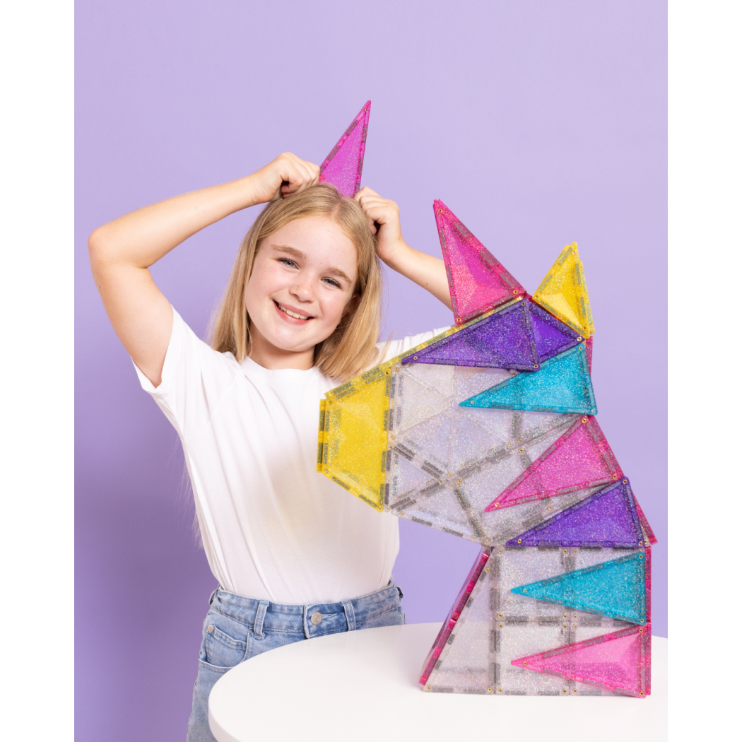 Połyskujący Jednorożec - Brokatowe Klocki Magnetyczne - 56 Elementów - Connetix