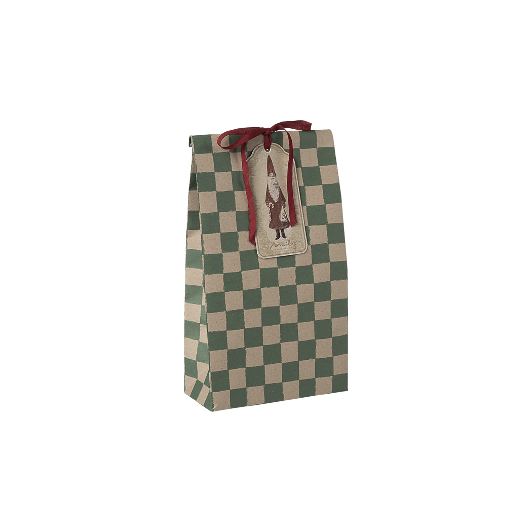 Zielona Krata - Duża Torebka Papierowa Prezentowa Tutka - 30,5 x 16 x 8 cm - Maileg