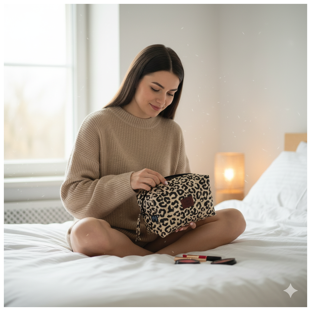 Kosmetyczka Ortalionowa Pikowana Pojemna - Leopard Cream by Magdalena Lamparska - La Millou