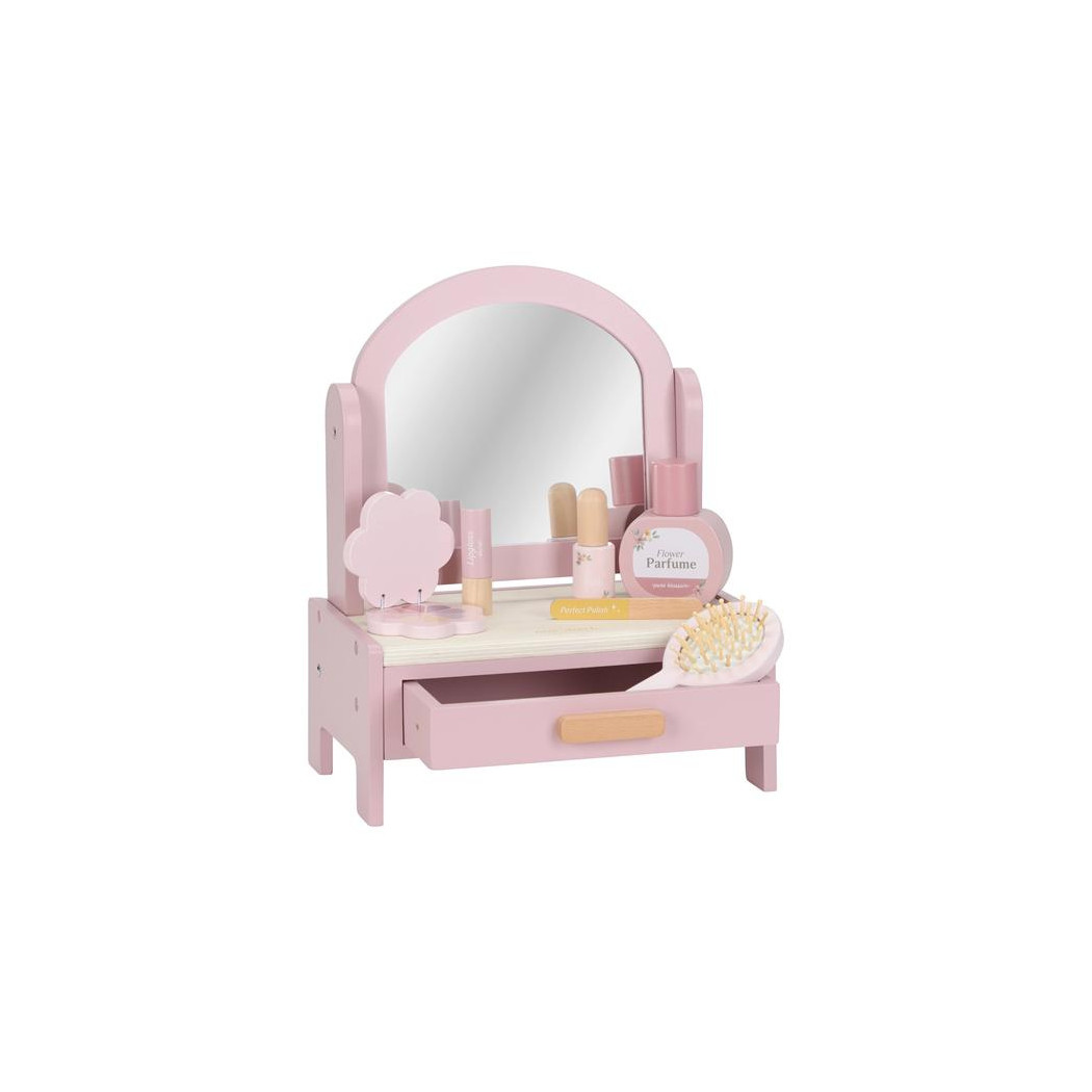 Różowa Drewniana Toaletka dla Dzieci - Zestaw z Obrotowym Lustrem i 6 Kosmetykami - Little Dutch