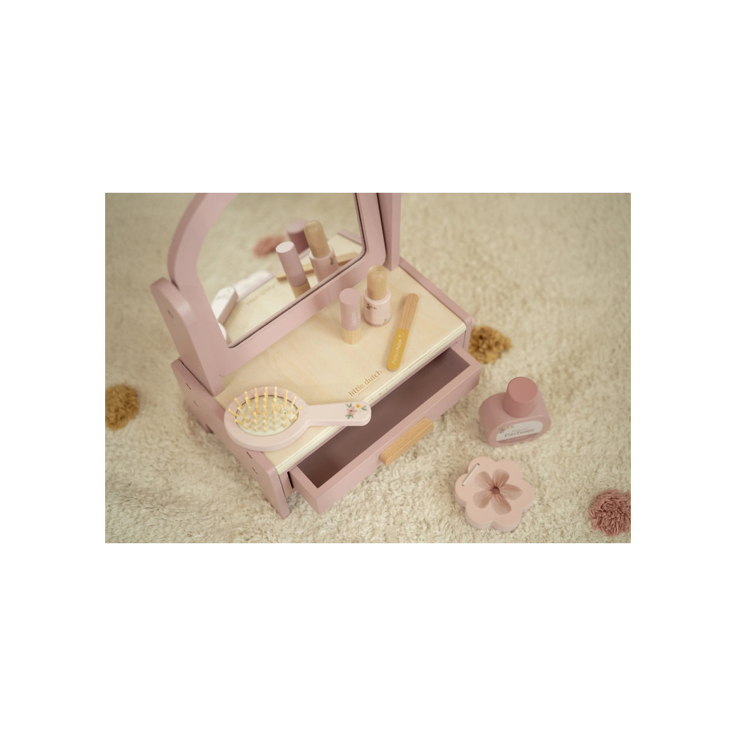 Różowa Drewniana Toaletka dla Dzieci - Zestaw z Obrotowym Lustrem i 6 Kosmetykami - Little Dutch