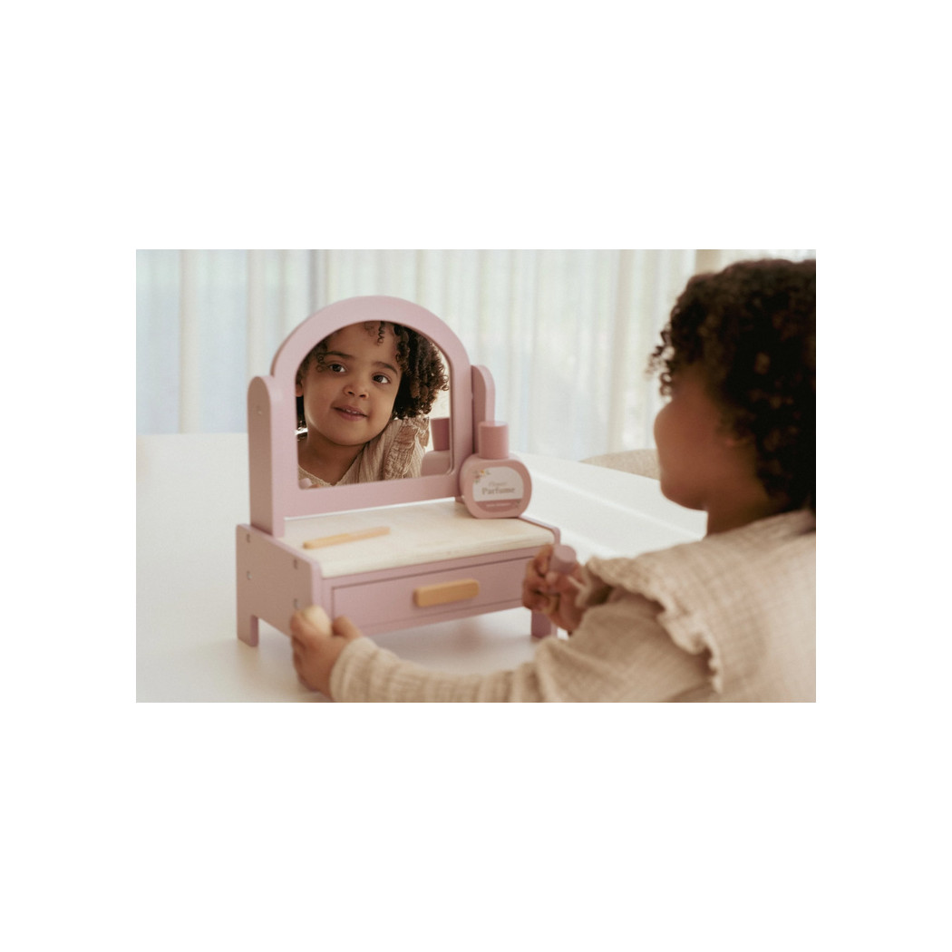Różowa Drewniana Toaletka dla Dzieci - Zestaw z Obrotowym Lustrem i 6 Kosmetykami - Little Dutch