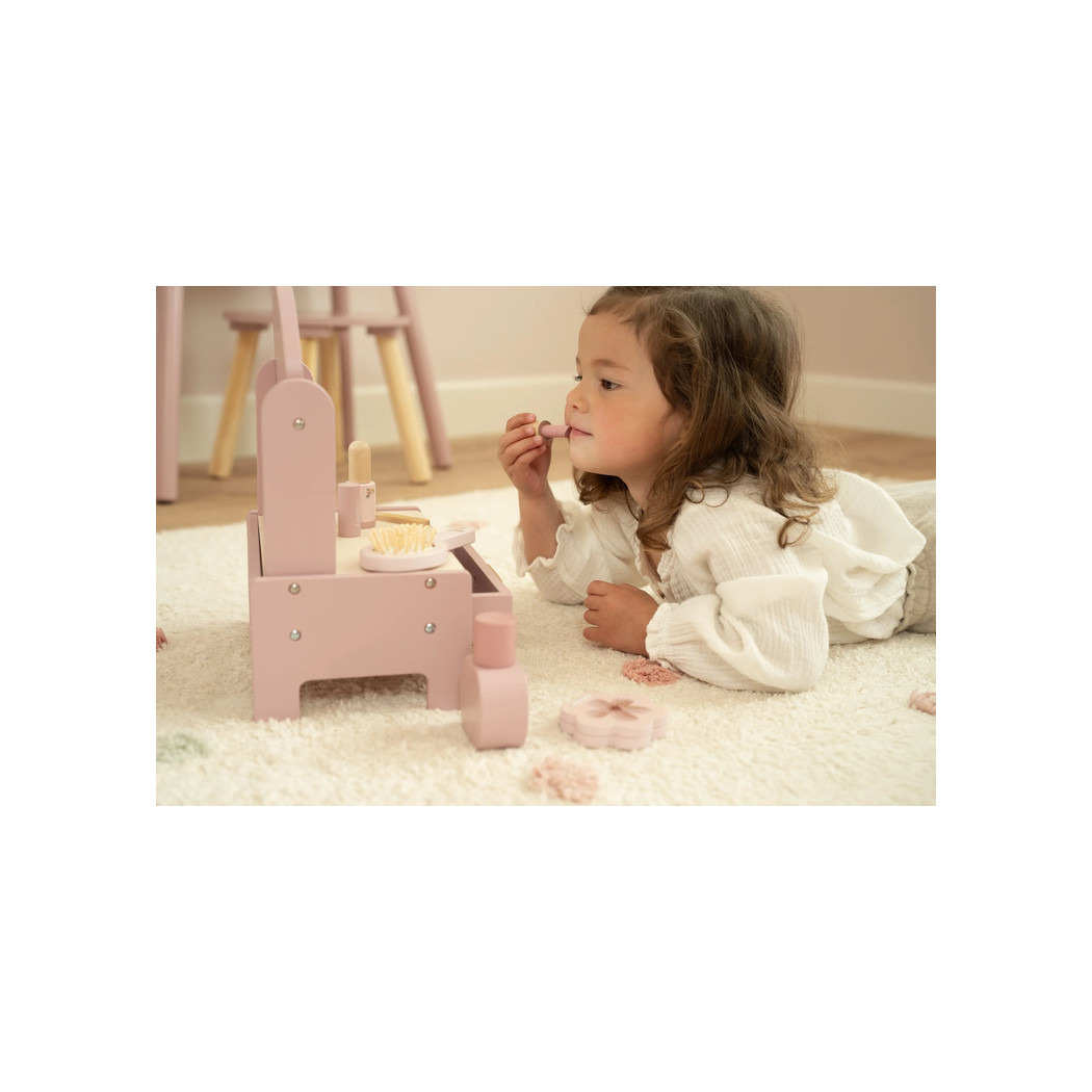 Różowa Drewniana Toaletka dla Dzieci - Zestaw z Obrotowym Lustrem i 6 Kosmetykami - Little Dutch