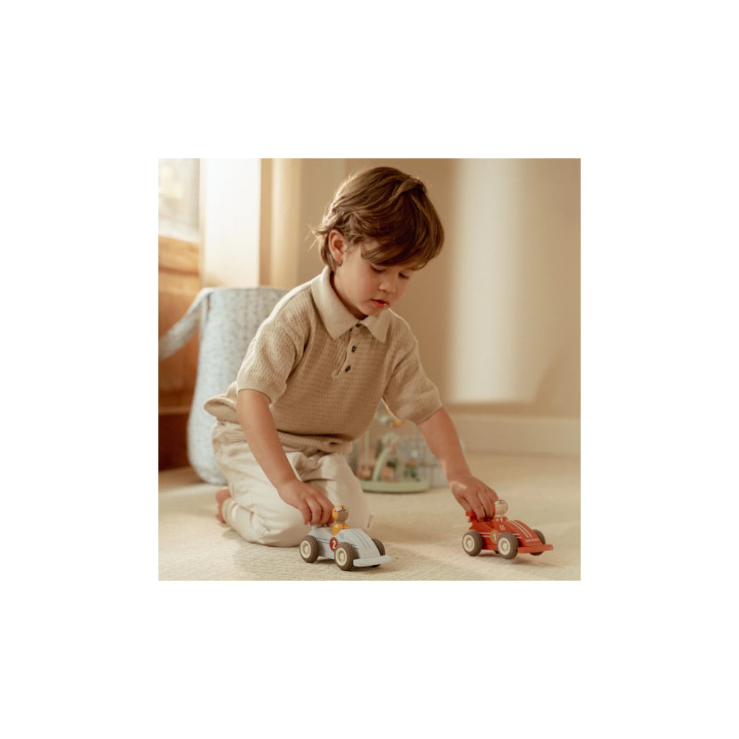 Wyścigówki - Zestaw 2 Drewnianych Aut w Kolorze Czerwonym i Niebieskim z Ludzikami - Little Dutch