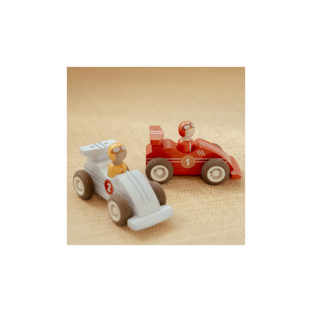 Wyścigówki - Zestaw 2 Drewnianych Aut w Kolorze Czerwonym i Niebieskim z Ludzikami - Little Dutch