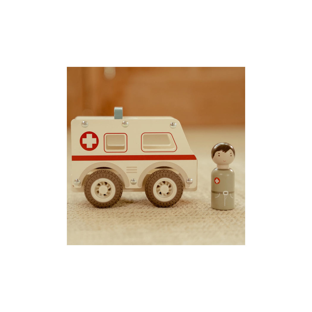 Ambulans - Drewniane Auto Ambulans z Wyjmowanym Ludzikiem - Little Dutch
