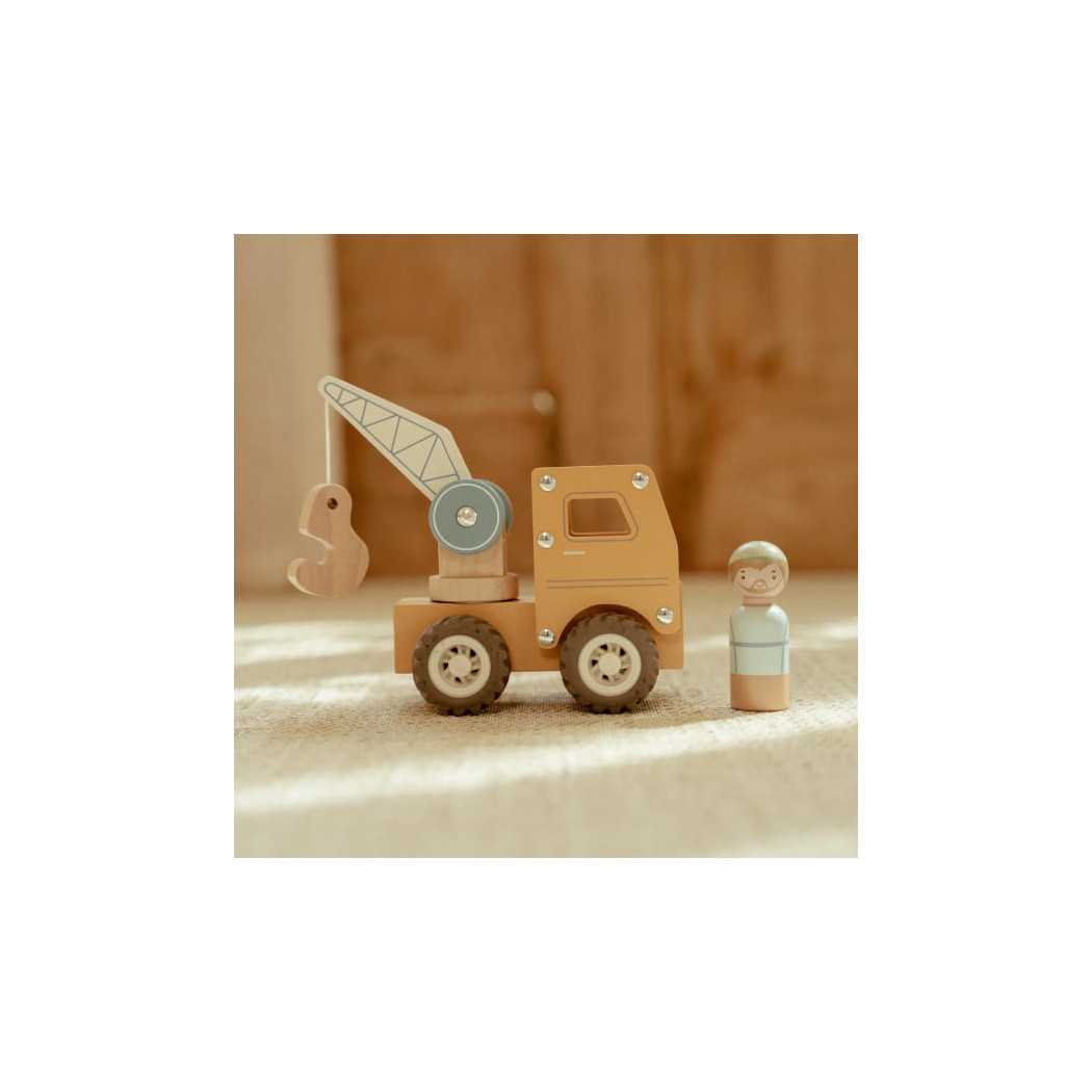 Ciężarówka z Dźwigiem - Drewniane Auto Ciężarówka z Ruchomym Dźwigiem i Ludzikiem - Little Dutch