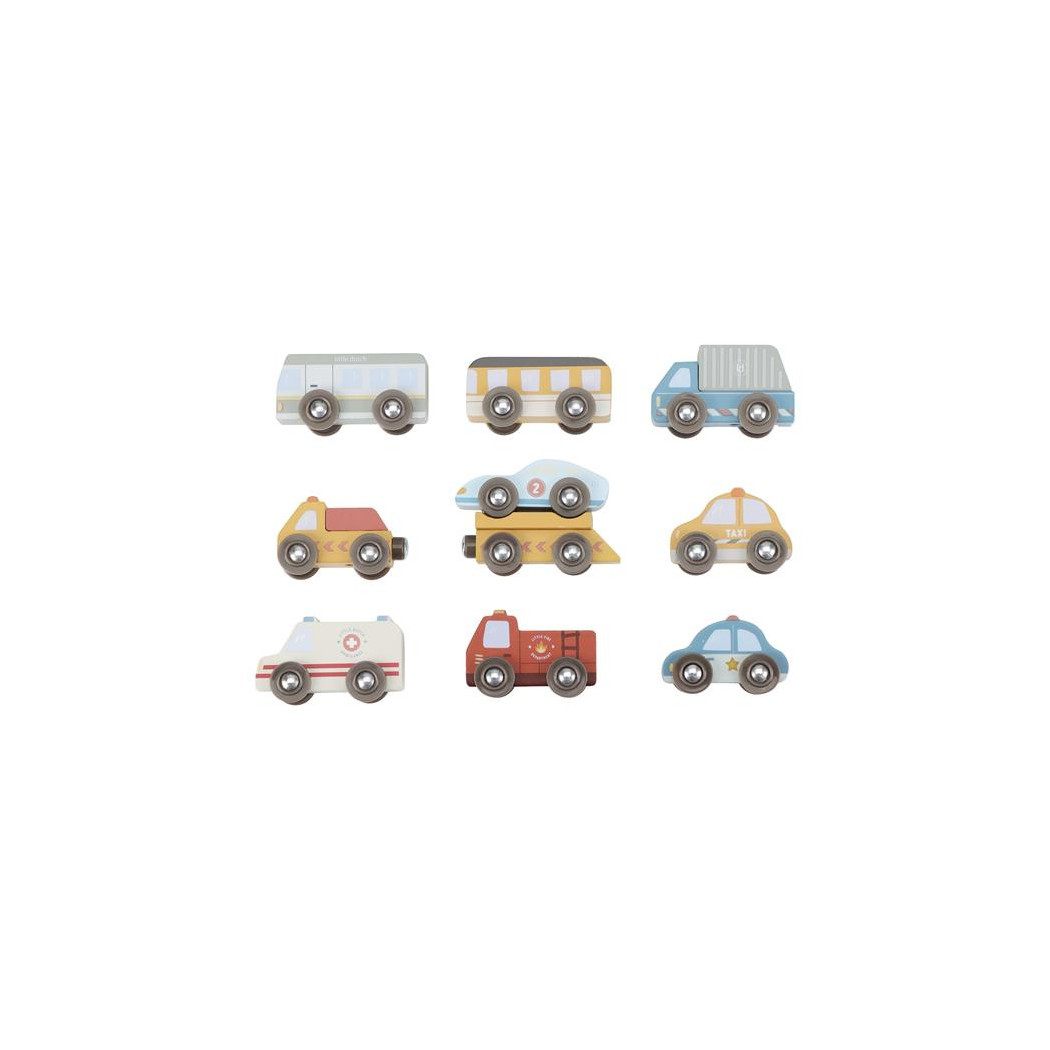Zestaw 9 Drewnianych Pojazdów - Karetka Pogotowia, Samochód Policyjny, Wóz Strażacki - Little Dutch
