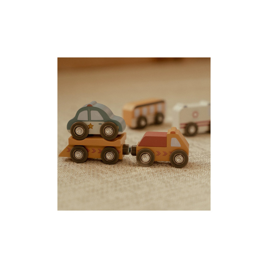 Zestaw 9 Drewnianych Pojazdów - Karetka Pogotowia, Samochód Policyjny, Wóz Strażacki - Little Dutch