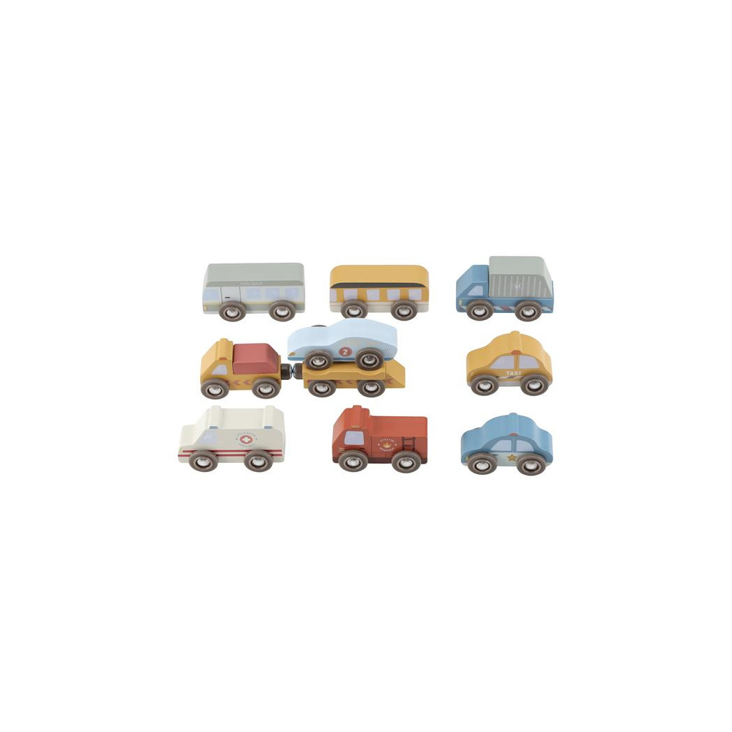 Zestaw 9 Drewnianych Pojazdów - Karetka Pogotowia, Samochód Policyjny, Wóz Strażacki - Little Dutch