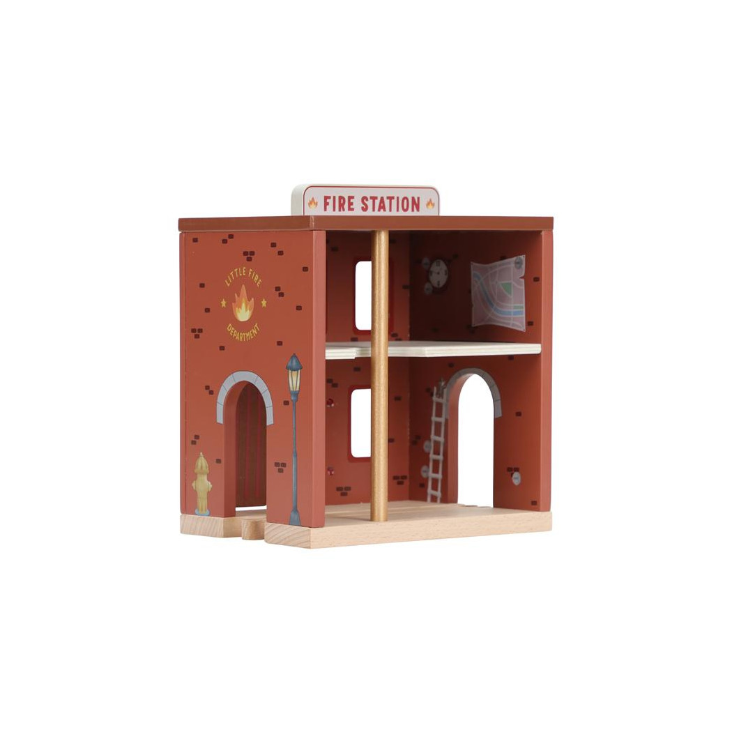 Remiza Strażacka - Drewniany Zestaw z Autem z Wysuwaną Drabiną, Strażakiem i Psem Pomocnikiem - Little Dutch