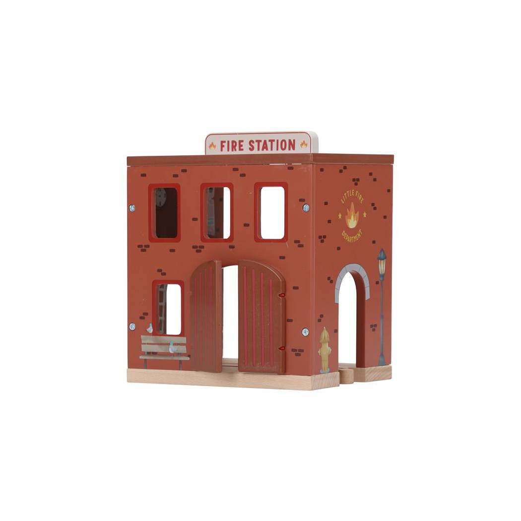 Remiza Strażacka - Drewniany Zestaw z Autem z Wysuwaną Drabiną, Strażakiem i Psem Pomocnikiem - Little Dutch