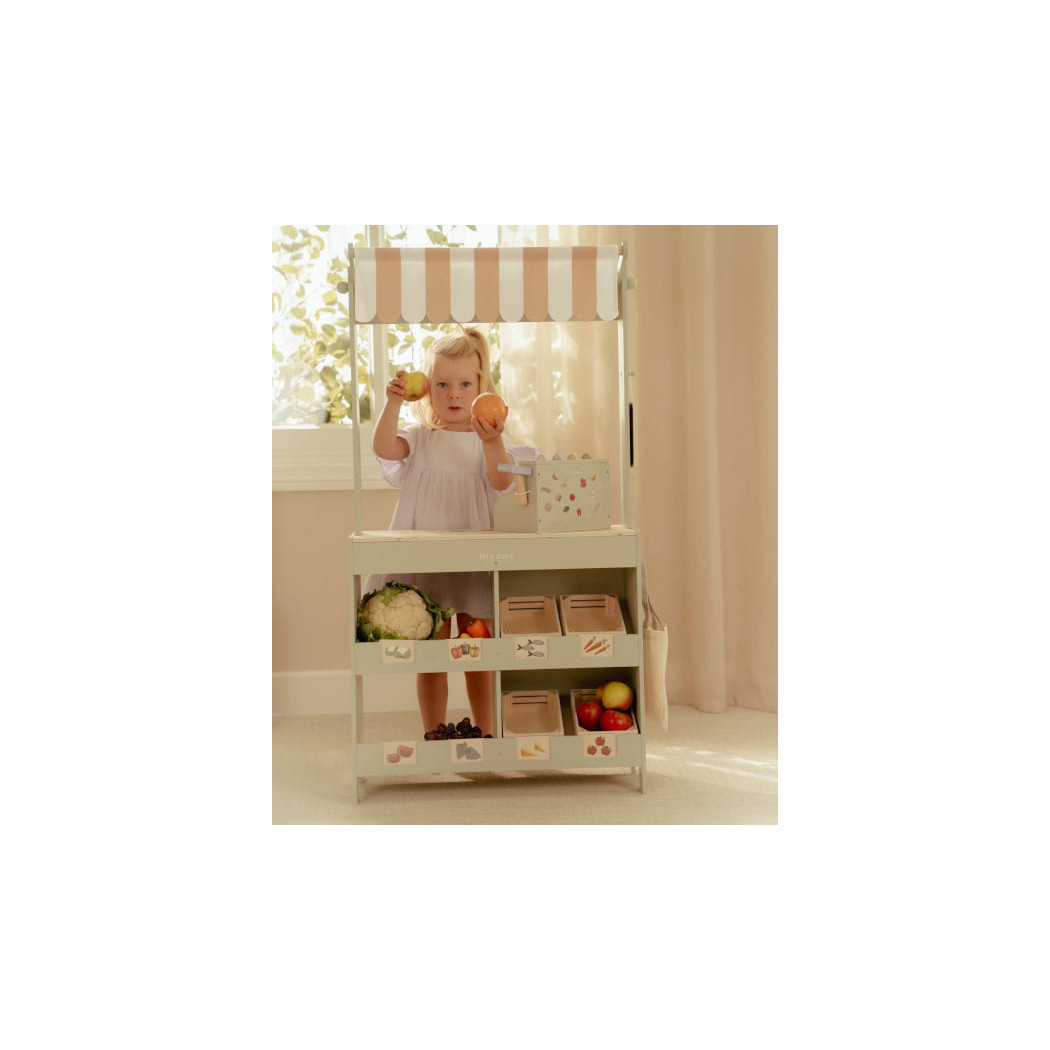 Drewniany Stragan i Kawiarnia - Drewniana Zabawka Sklepik ze Skrzynkami i Menu - Little Dutch