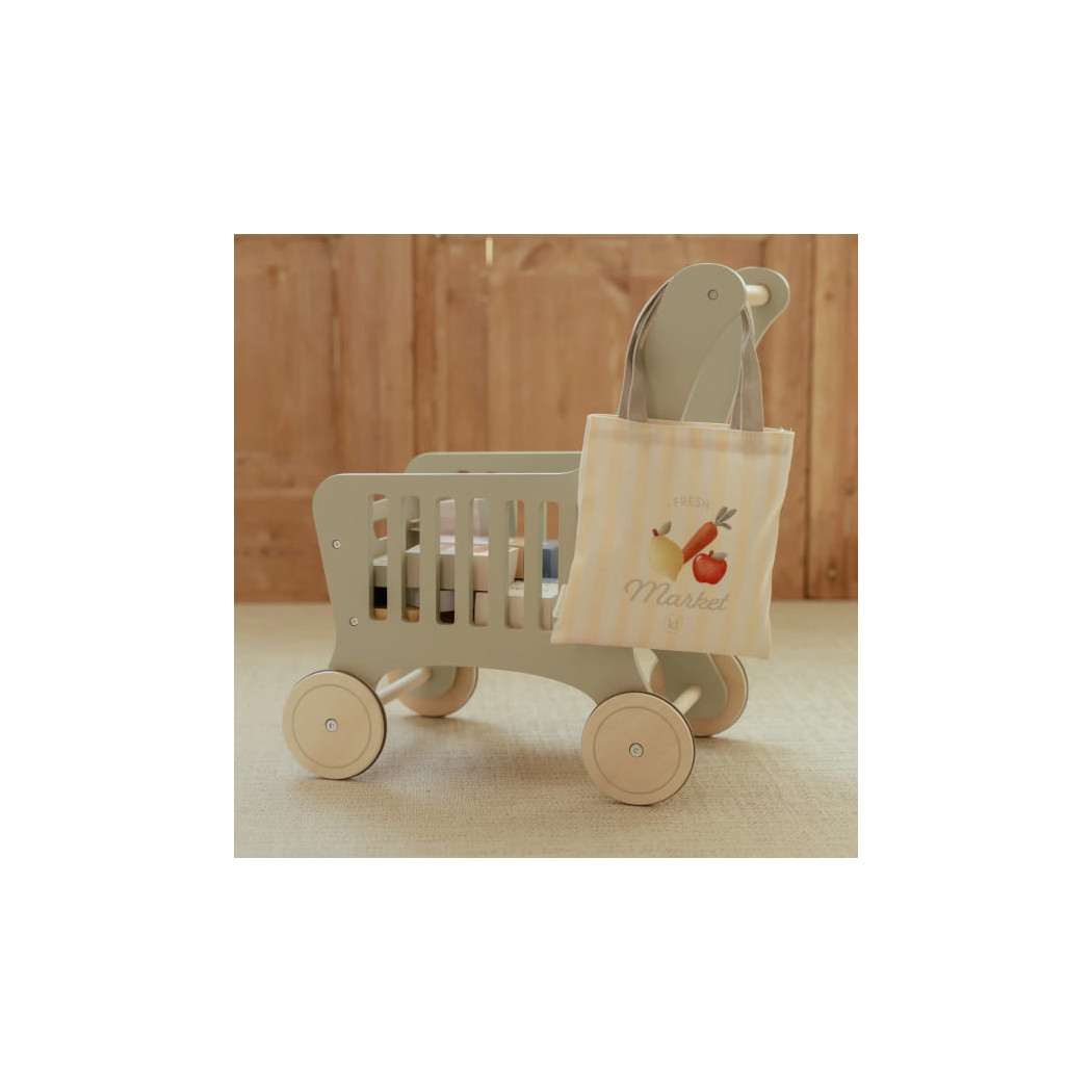 Wózek na Zakupy z Produktami Spożywczymi - Drewniana Zabawka Pchacz - Little Dutch