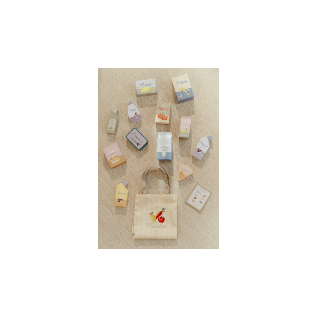 Wózek na Zakupy z Produktami Spożywczymi - Drewniana Zabawka Pchacz - Little Dutch