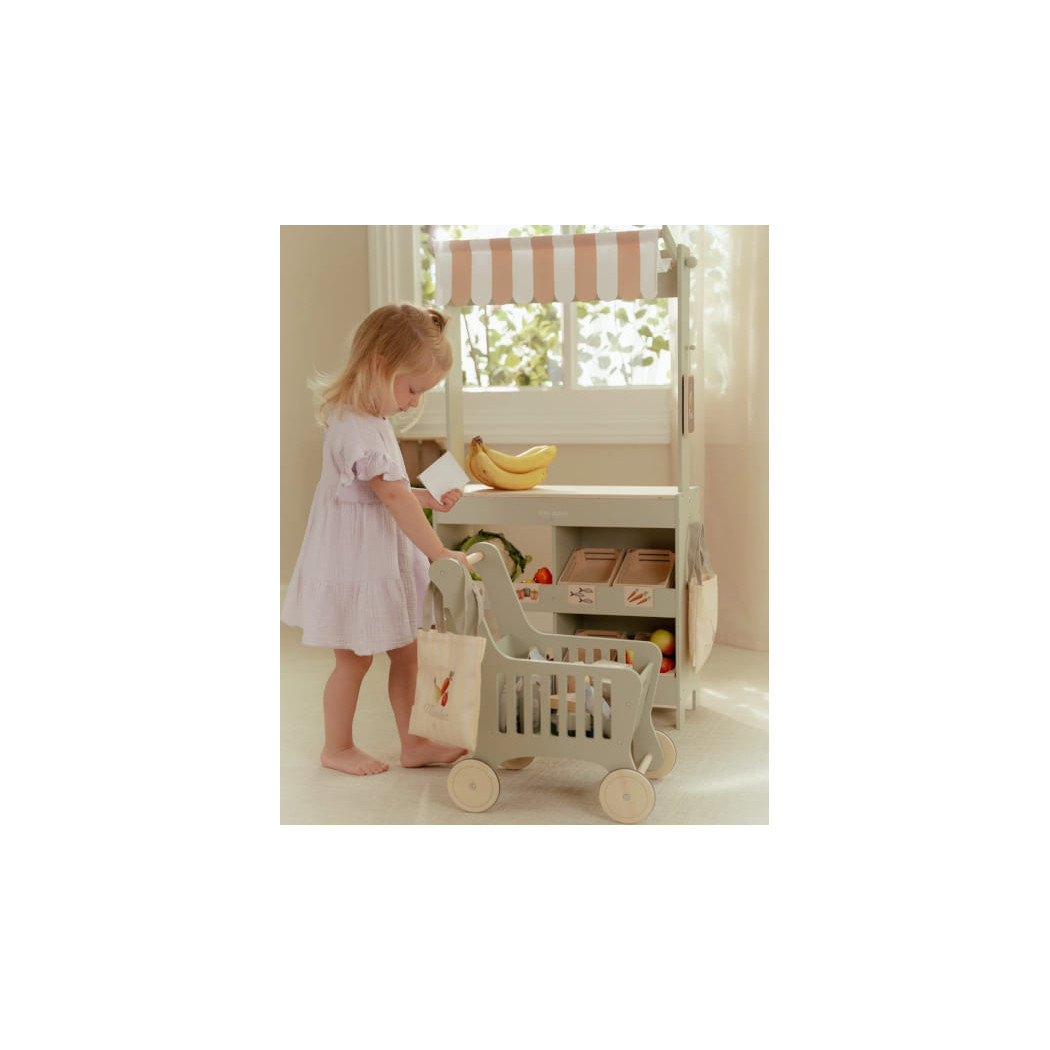Wózek na Zakupy z Produktami Spożywczymi - Drewniana Zabawka Pchacz - Little Dutch