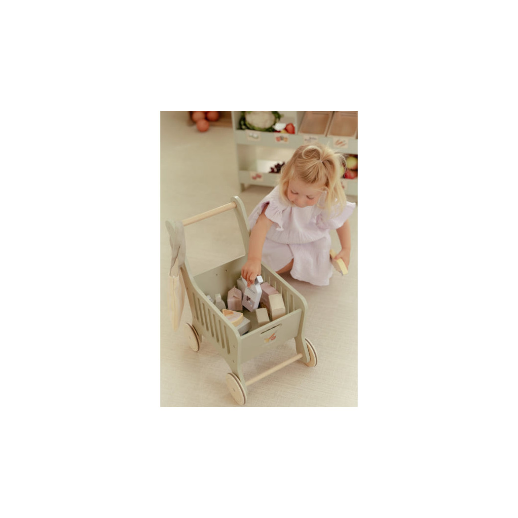 Wózek na Zakupy z Produktami Spożywczymi - Drewniana Zabawka Pchacz - Little Dutch
