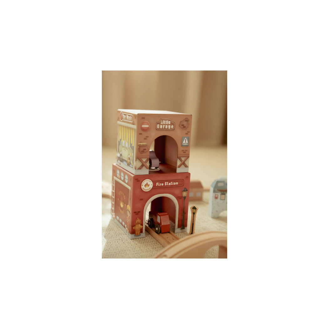 Wieża do Układania - 6 Drewnianych Autek z Garażami - Little Dutch