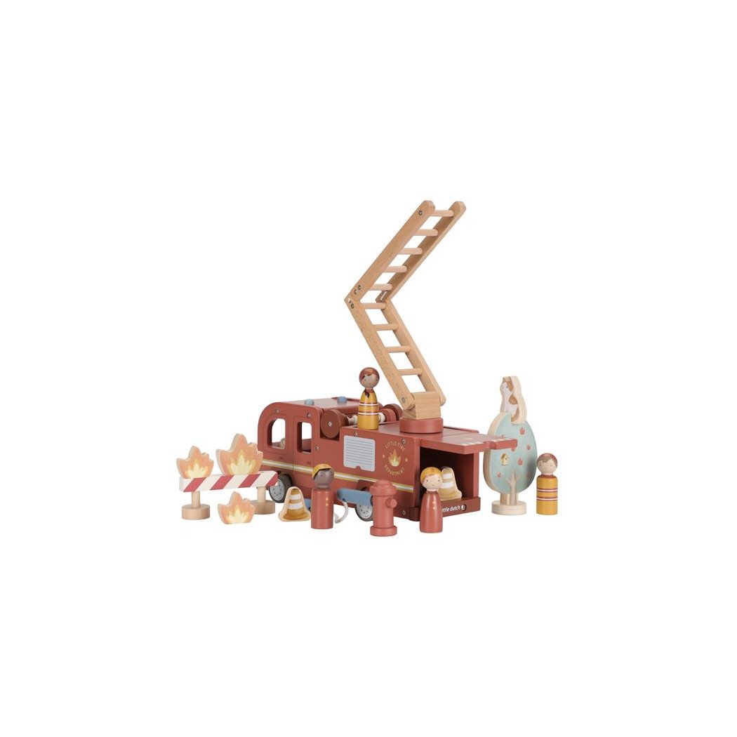 Wóz Strażacki - Drewniane Autko z Rozkładaną Drabiną, Strażakiem i Ogniem - Little Dutch