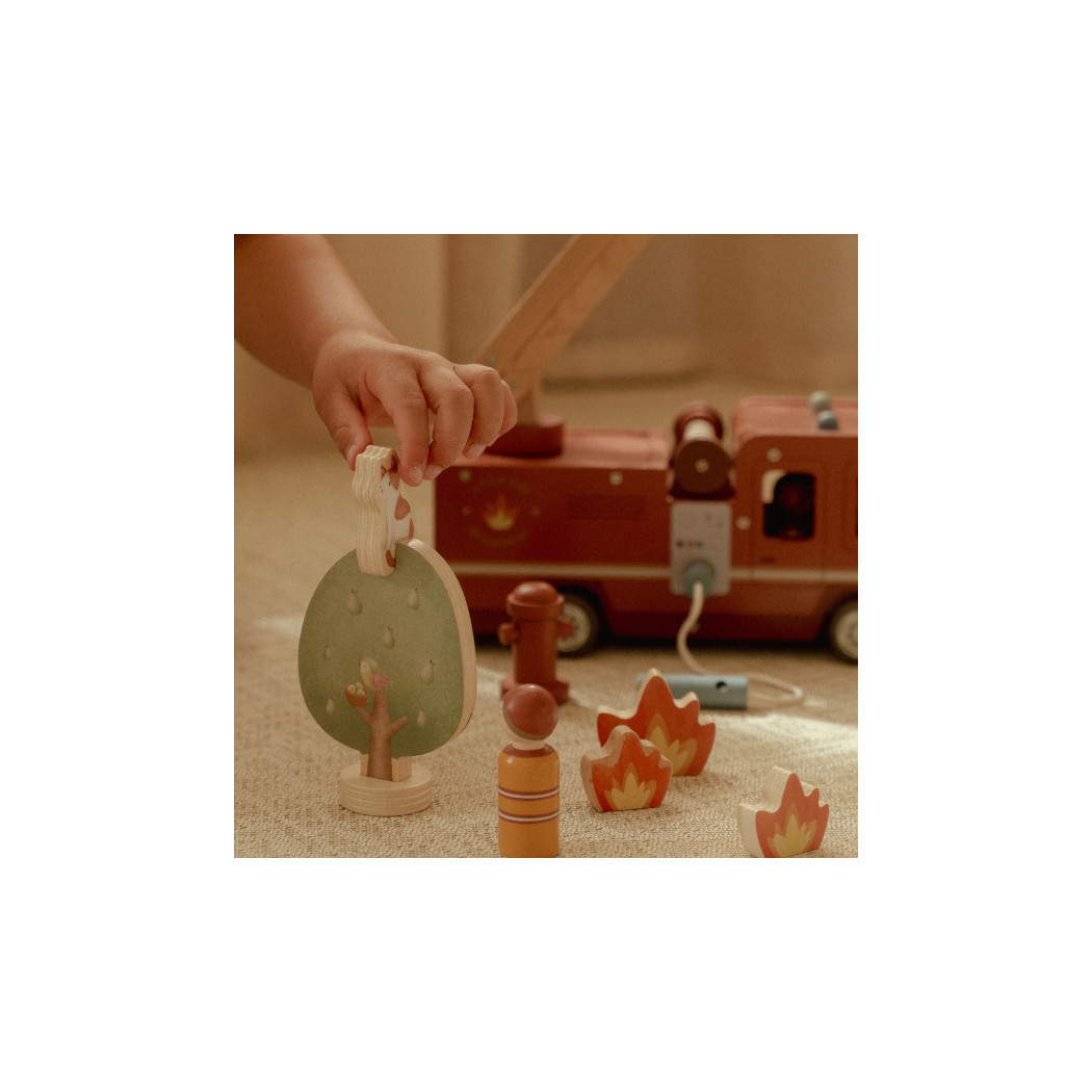 Wóz Strażacki - Drewniane Autko z Rozkładaną Drabiną, Strażakiem i Ogniem - Little Dutch