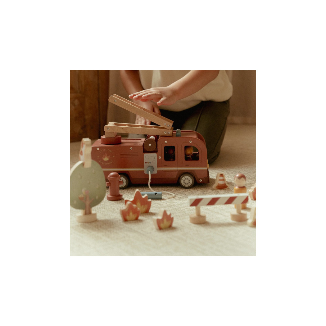 Wóz Strażacki - Drewniane Autko z Rozkładaną Drabiną, Strażakiem i Ogniem - Little Dutch