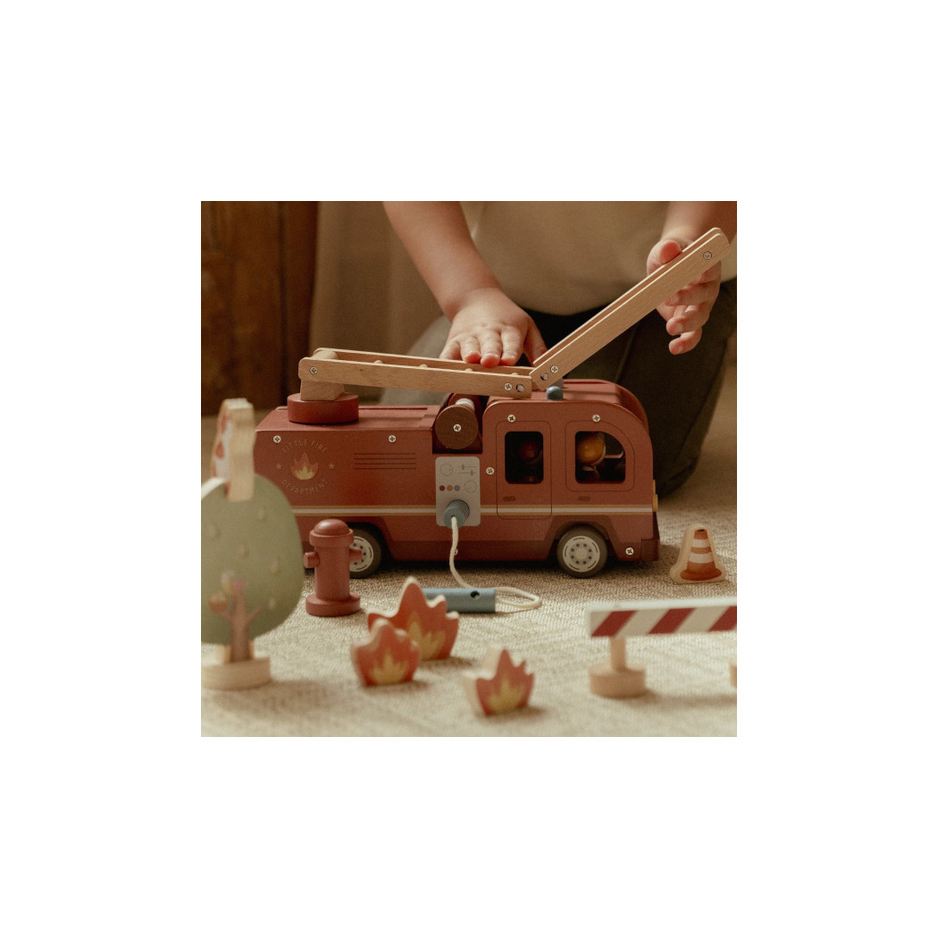 Wóz Strażacki - Drewniane Autko z Rozkładaną Drabiną, Strażakiem i Ogniem - Little Dutch